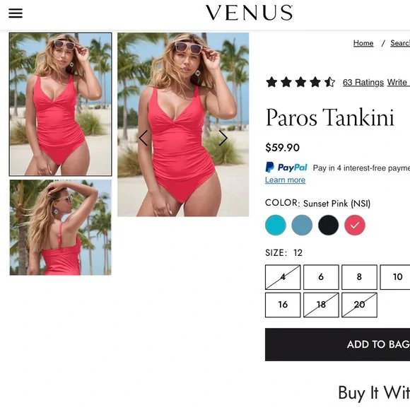 Venus Paros Tankini , Pink, Size 12 - Picture 6 of 6